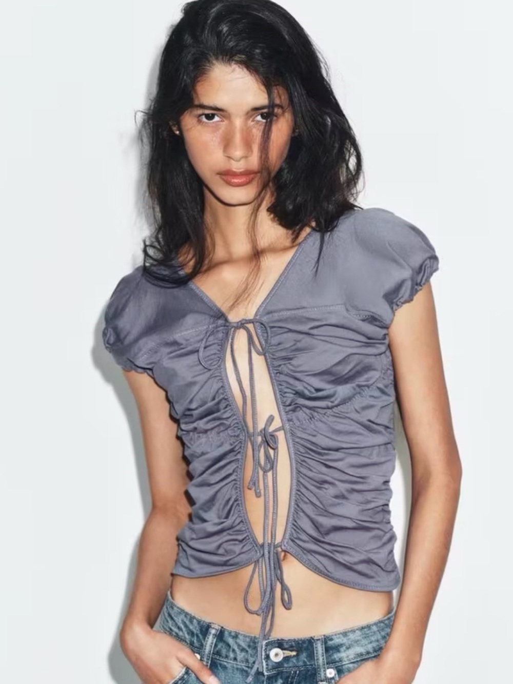 Zara Slate Gray Drawstring Ruched Crop Top